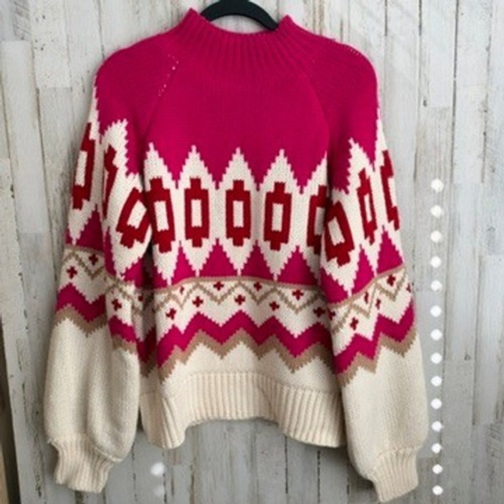 NWT SHE + SKY Sweater Large Hot Pink Fair Isle Mock Neck Balloon Sleeve Barbie